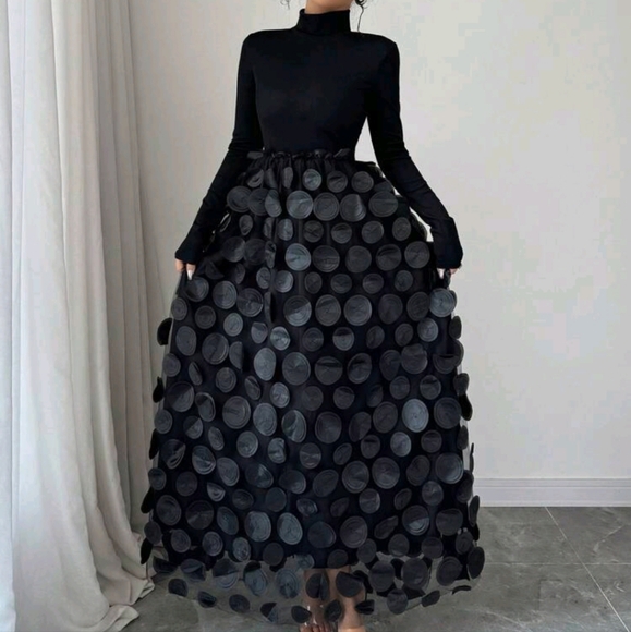 Women's Turtleneck Ribbed Splice Floral Mesh Elegant Long Sleeve Dress - Picture 3 of 4